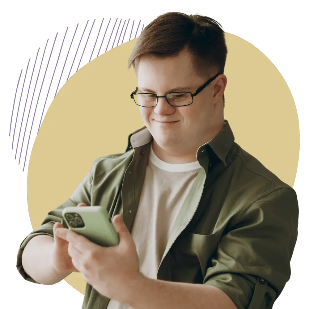 Disabled man with down syndrome using mobile phone to contact Angels of Destiny