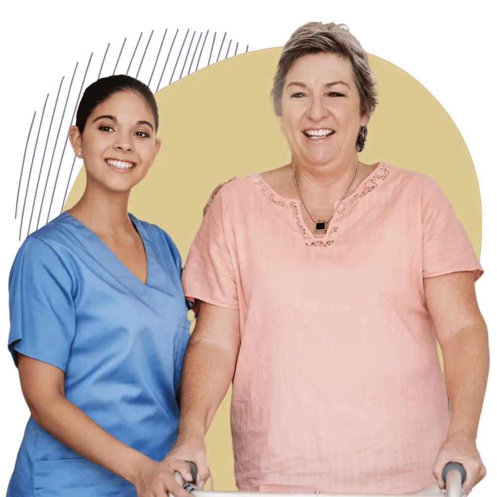 Happy nurse with elderly client, both smiling